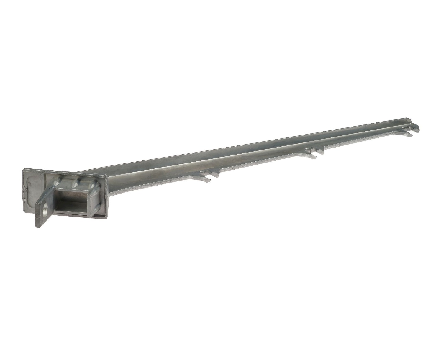 Detail of aluminium in-fitting barbed wire bracket 45° for 3 wires, designed for 40x60 mm box posts in industrial fencing.
