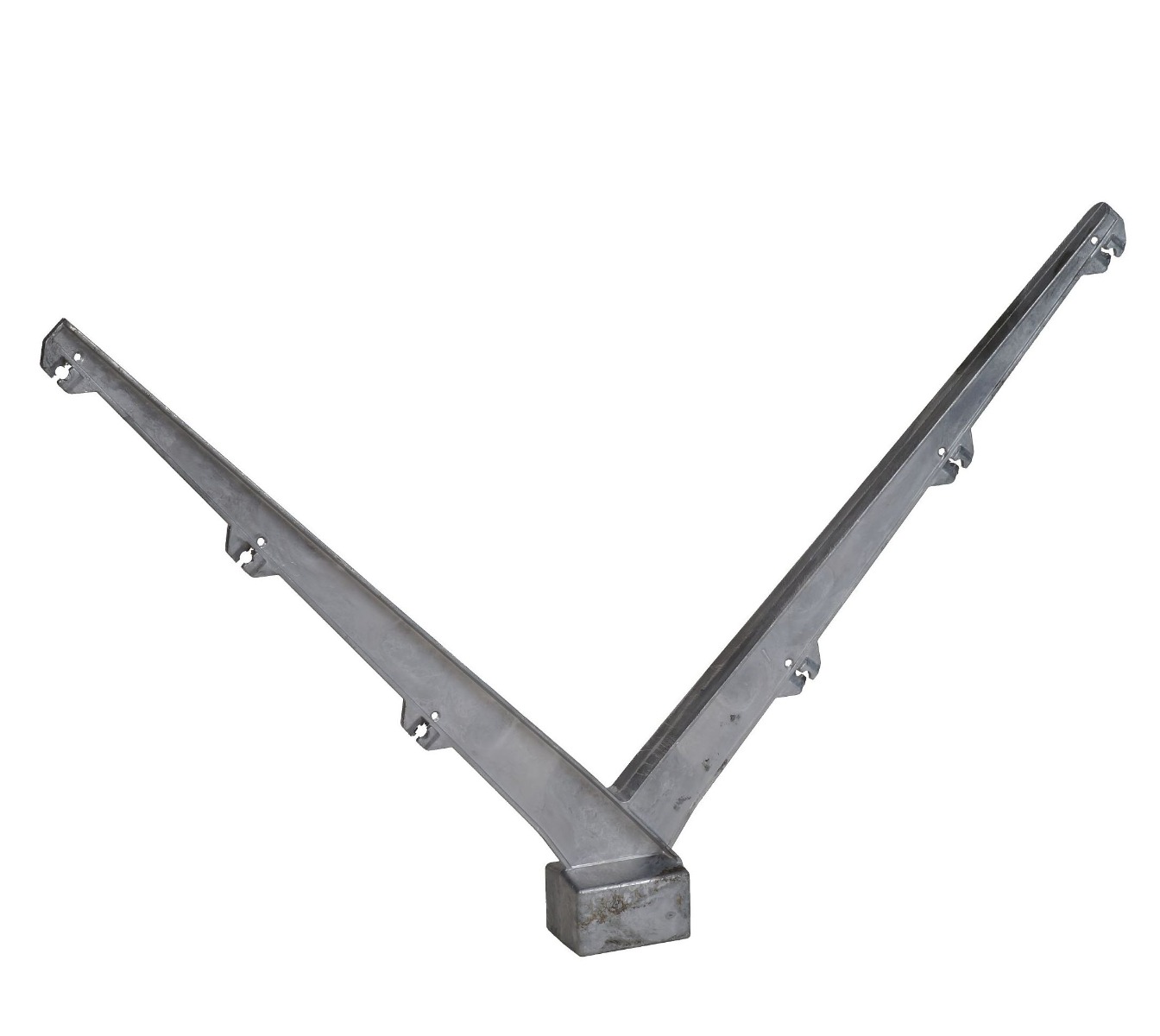 Close-up double aluminium barbed wire arm 45° for 2 x 3 wires, corrosion-resistant V-arm for secure barbed wire installation on perimeter fencing.