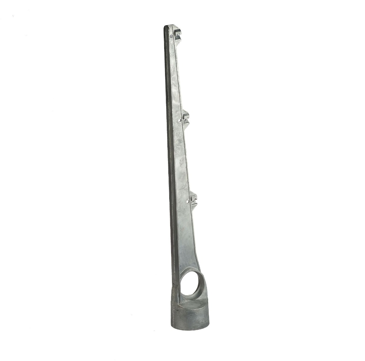 Detail of aluminium straight barbed wire bracket for 3 wires, suitable for round posts and tubes, available in aluminium, black, green, or grey.