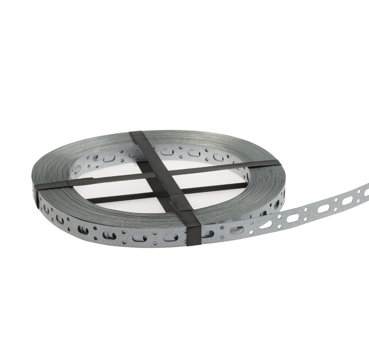 A rolled coil of 17mm pre-galvanized perforated metal strap featuring continuous holes for versatile suspension and mounting applications.