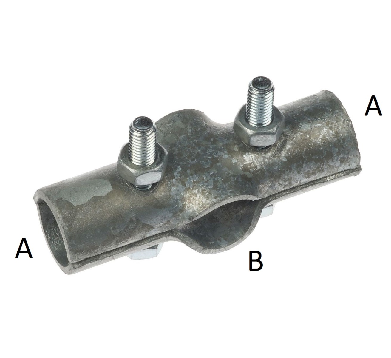 A hot-dip galvanised 2-bolt cross joint clamp for connecting perpendicular pipes, featuring instructional labels A and B.