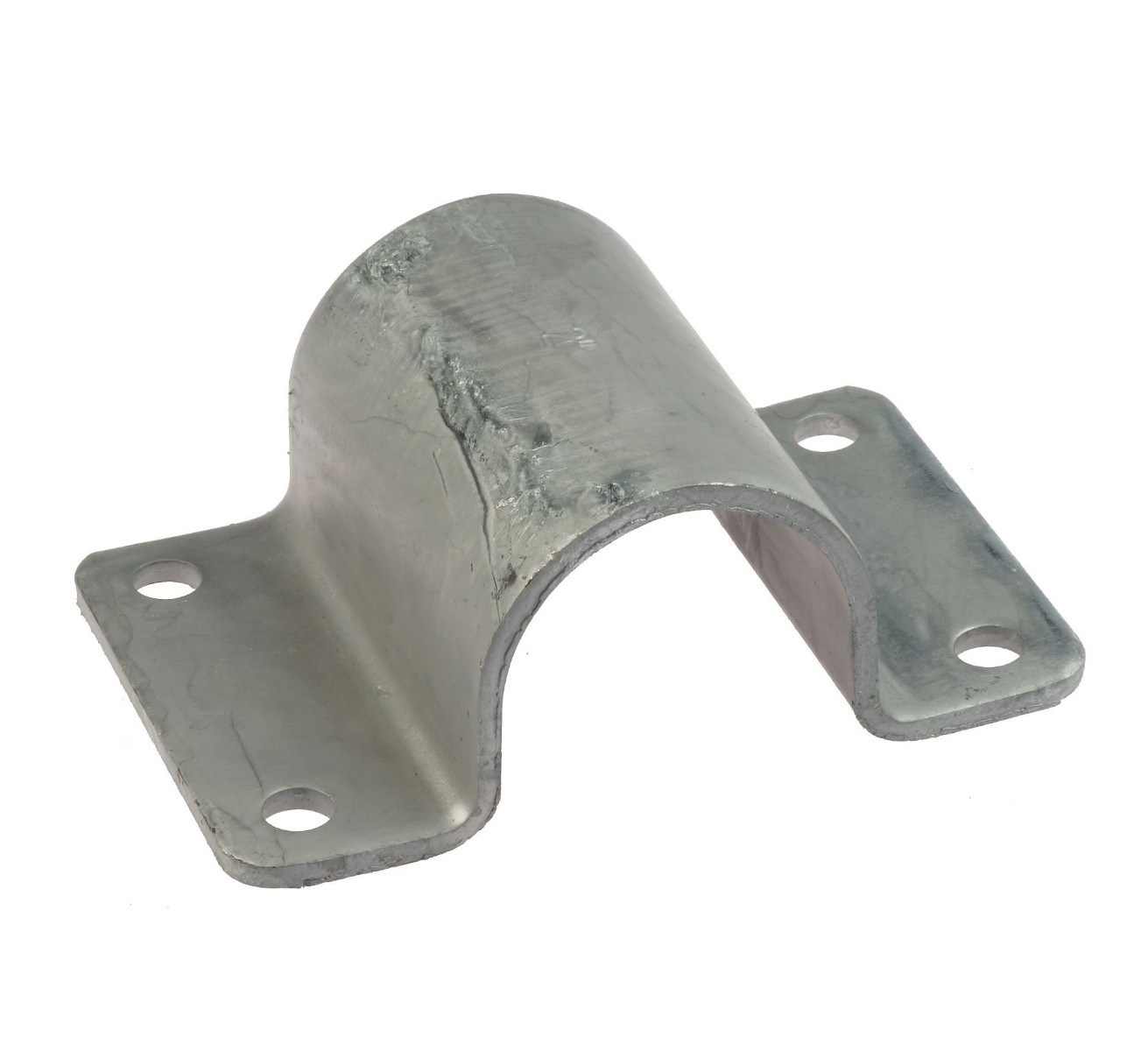 A U-shaped hot dip galvanised steel tube clamp featuring four pre-drilled holes for secure mounting on flat surfaces.