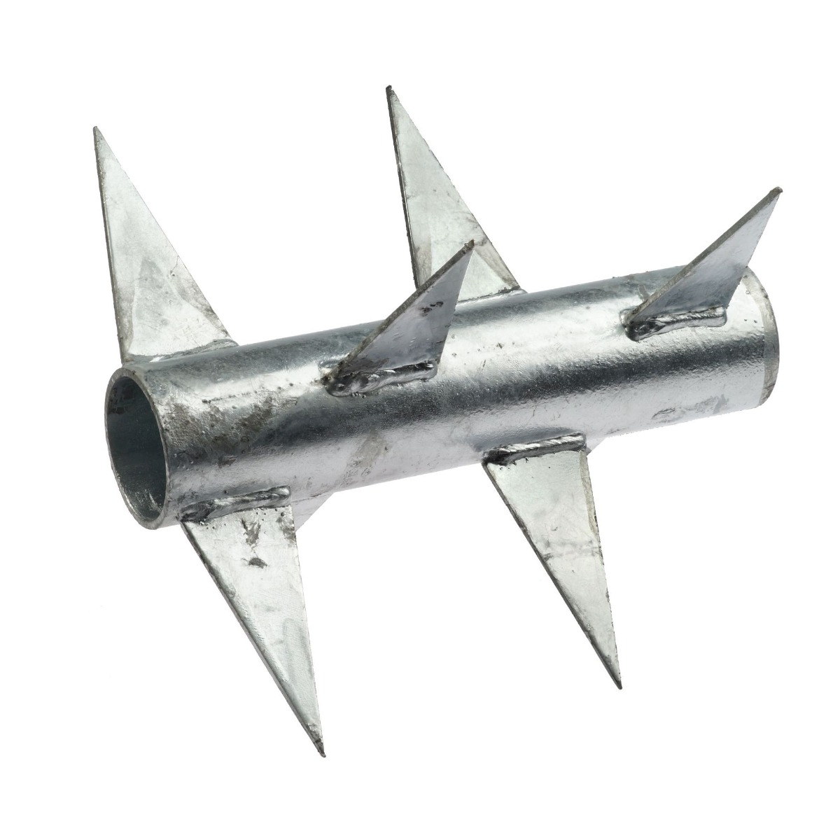 A single 230mm long, cylindrical hot-dip galvanized steel rotary spike with sharp triangular blades for security fence topping.