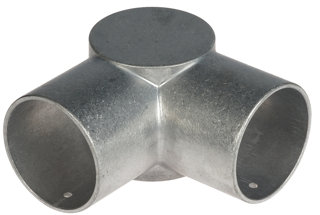 A silver metal 3-way external corner piece used for joining 60mm diameter tubes at ninety-degree angles.