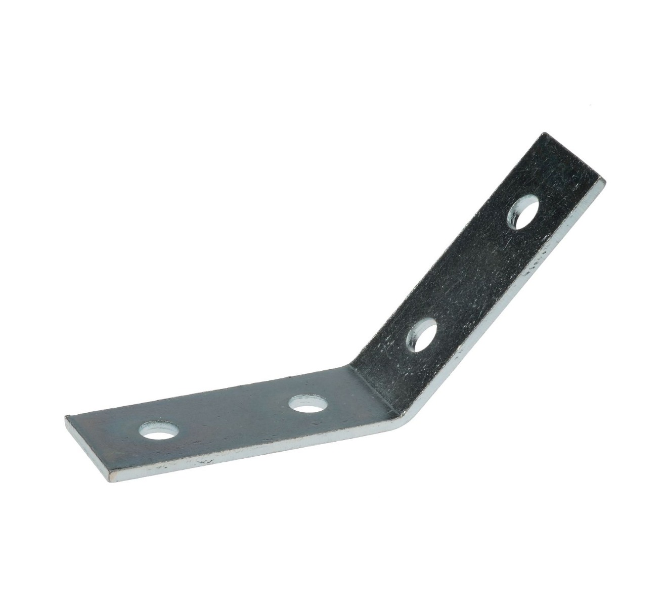 A silver-colored zinc plated metal 135 degree angle bracket with four pre-drilled holes for connecting structural metal framing channels.