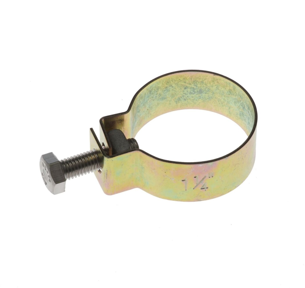 An electrolytic zinc-plated clamp ring with a hex bolt, marked with one and a quarter inch for pipe fastening.