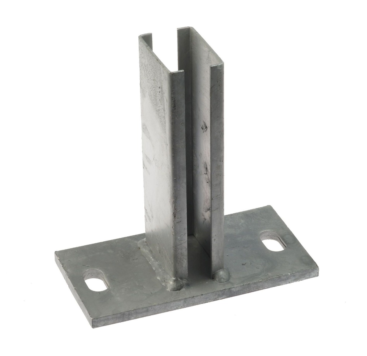 Hot-dip galvanised base plate short version for 60 × 40 mm box section, 150 mm height, upright guide, two mounting holes. For concrete or stone in fencing, gates or structural assemblies.