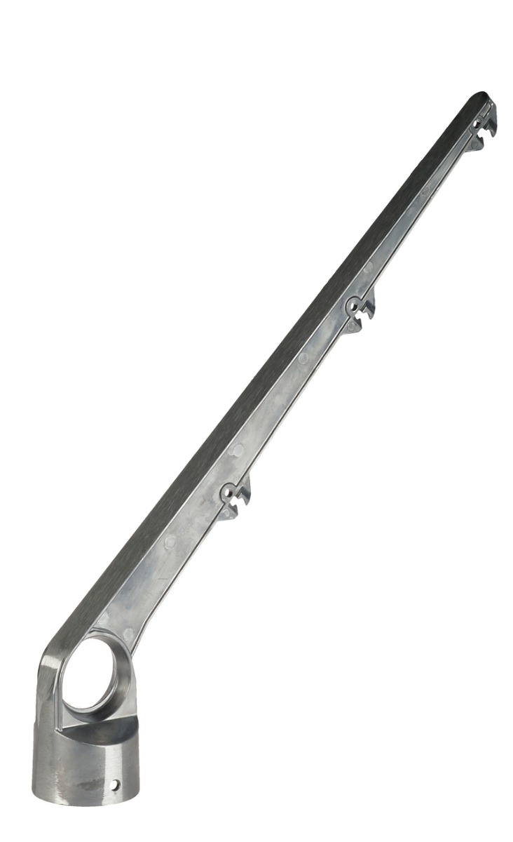 A durable silver aluminum barbed wire arm with a 45-degree angle and three notches for secure fencing wire attachment.