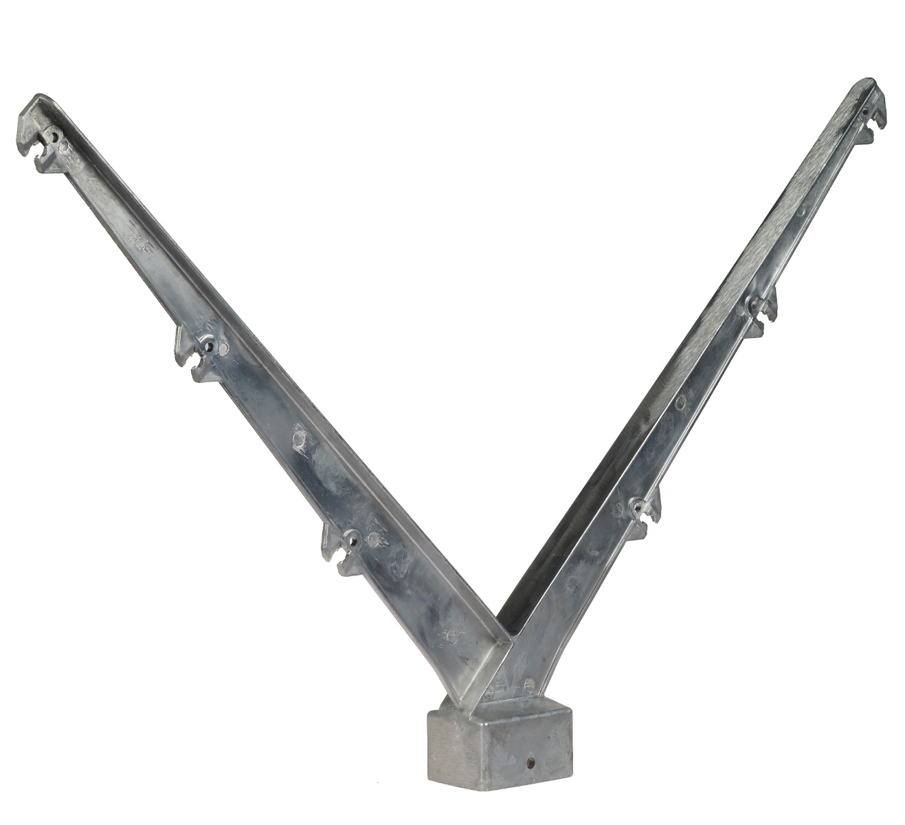 V-shaped double aluminium barbed wire arm with a 45-degree angle and notches for mounting wires onto square fence posts.