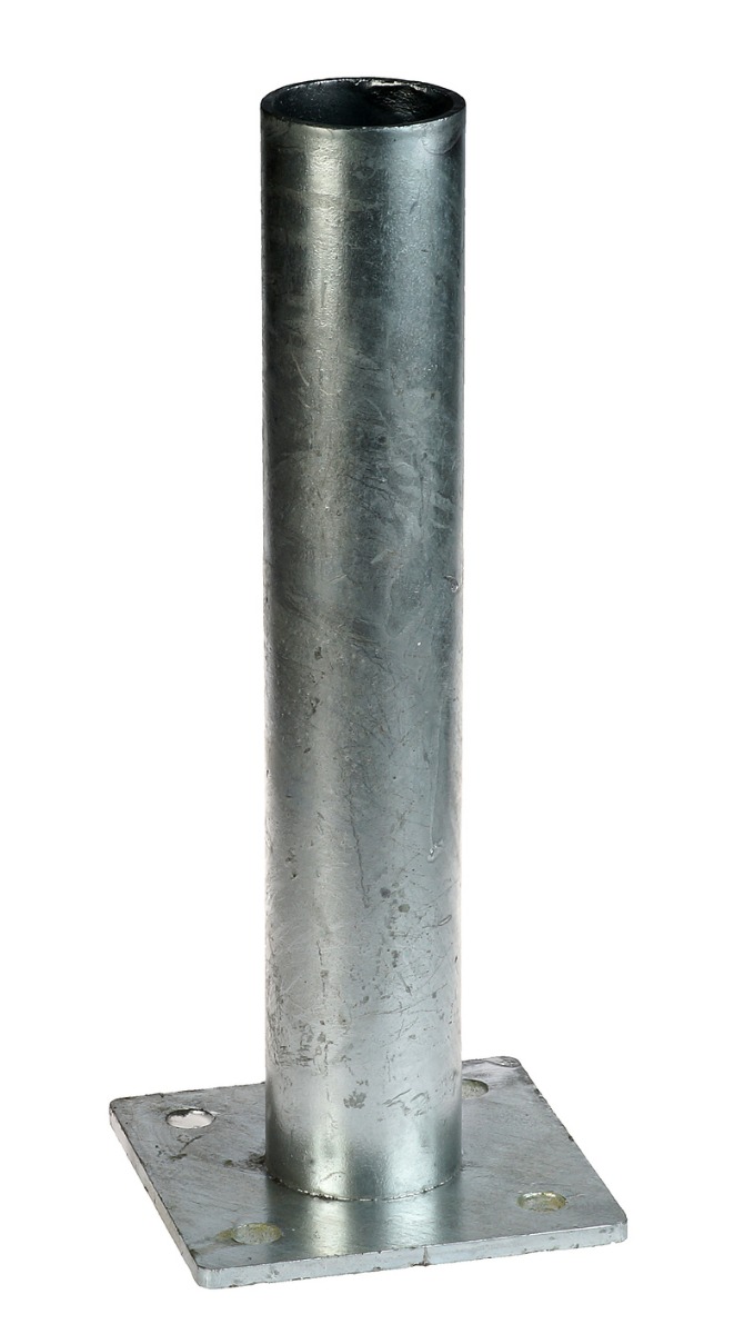 Silver galvanised metal base plate featuring a central 60mm tube and four pre-drilled corner holes for secure surface mounting.