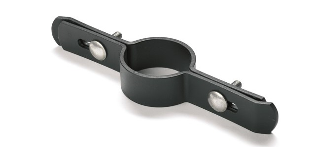 Black polyamide long lip bracket for 60mm double bar mounting including metal screws on a white background for secure installation.