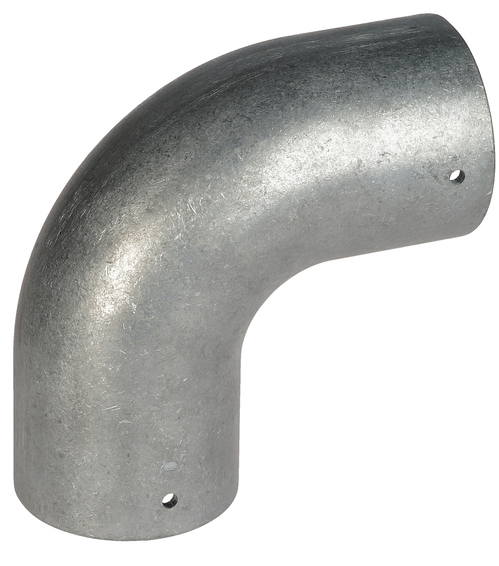A 90-degree silver aluminium external knee joint elbow connector with pre-drilled holes for secure tube fitting on both ends.
