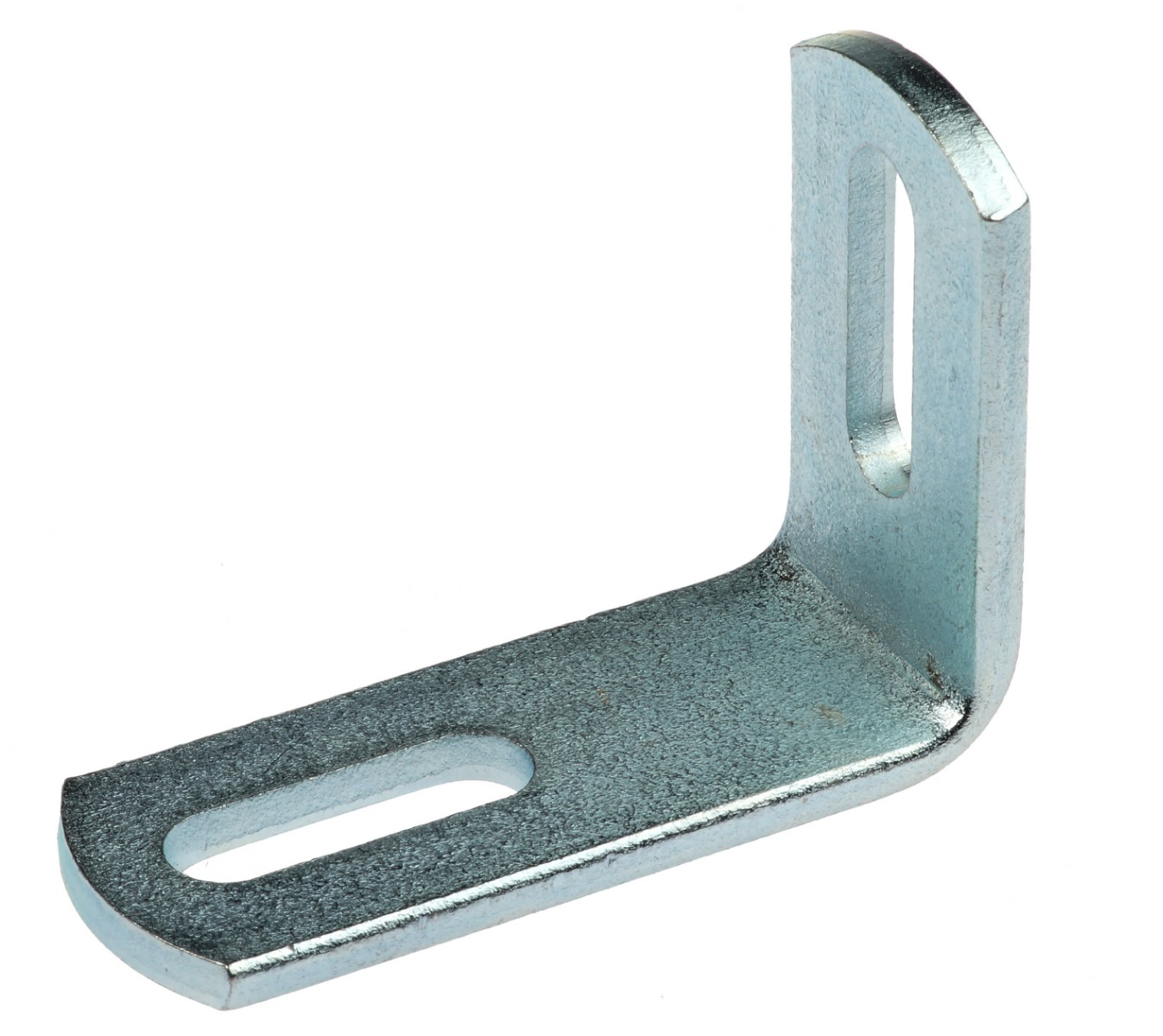 L-shaped 90-degree metal rail connector made of pre-galvanized steel with elongated slotted holes on both arms for versatile mounting.
