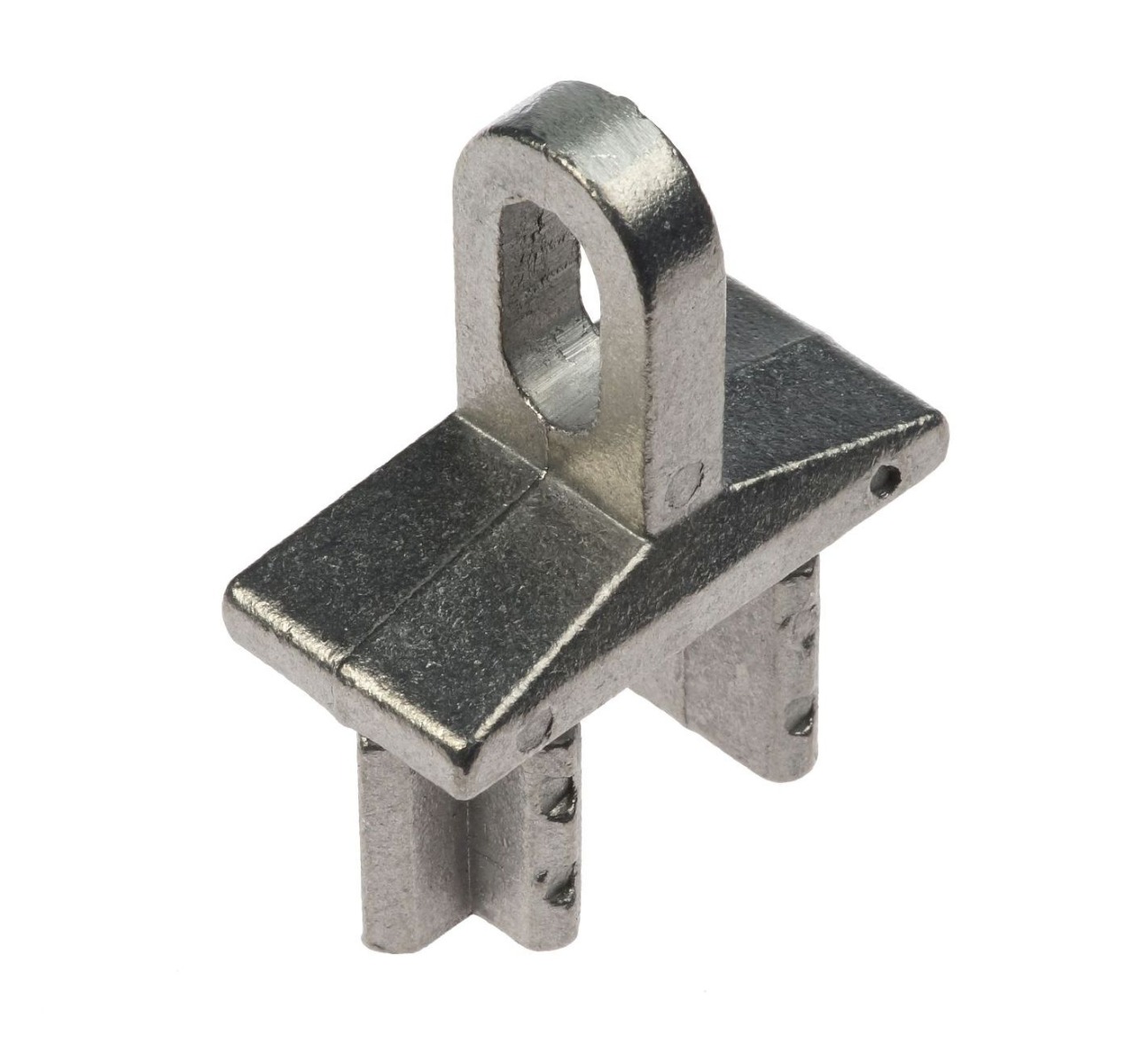 A silver-colored aluminium end connector designed for securing box section tubes to horizontal rails with a vertical eyelet.