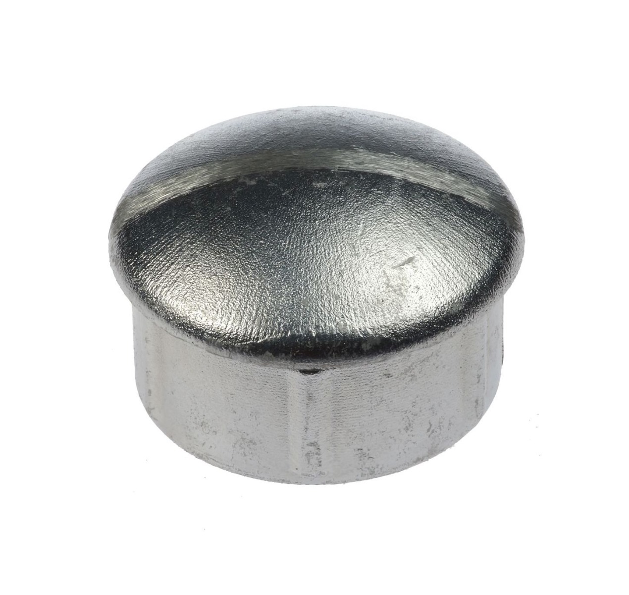 A silver-colored round aluminium press-in cap designed to securely fit and finish 60mm diameter metal tubes or posts.