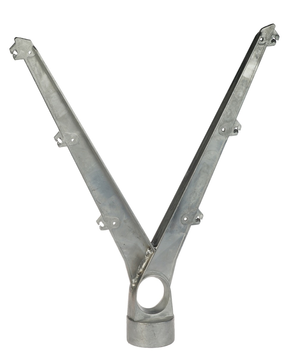 A silver V-shaped aluminum extension arm for holding three strands of barbed wire on each side of a fence.