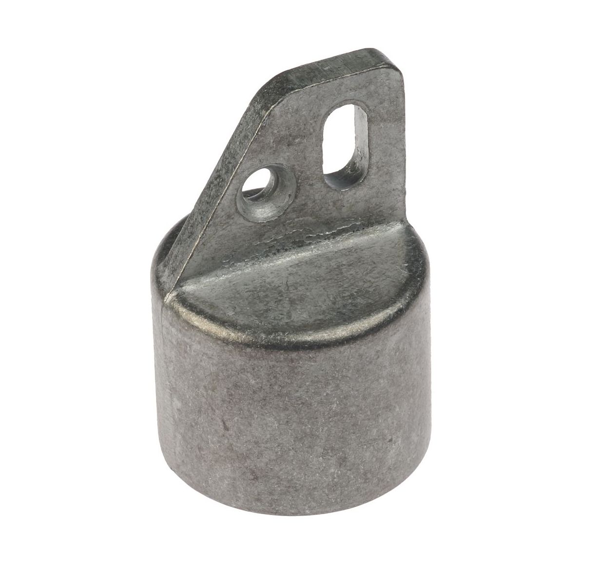A grey aluminum end cap loop designed for structural tube mounting with a circular base and a flat top loop.