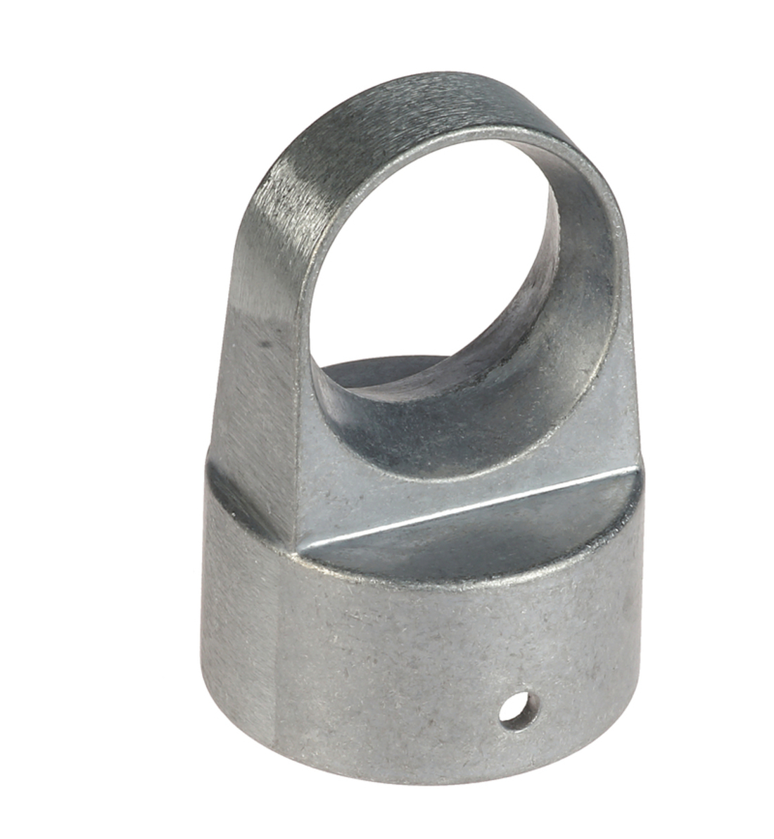 A durable silver aluminum loop cap fitting designed to connect a 60mm diameter post with a 42mm top rail.