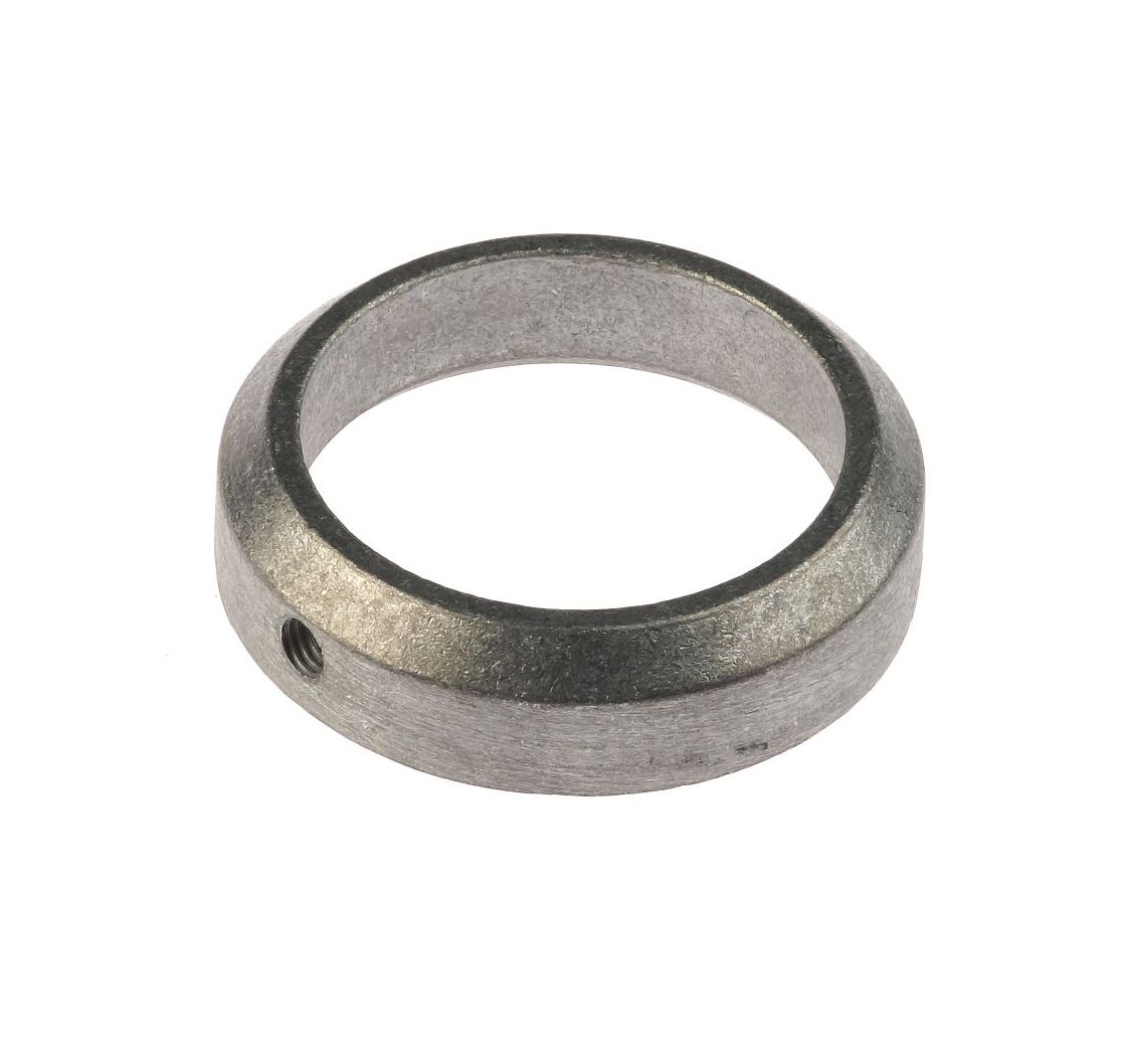 Silver aluminum retaining ring featuring a beveled edge and a small threaded hole for a locking set screw.