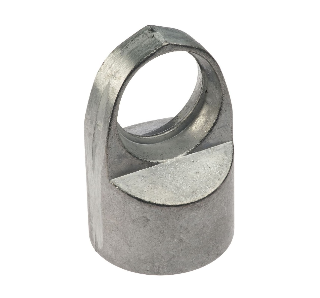 A silver aluminum through head fitting with a round top eyelet and cylindrical base for horizontal rail connections.