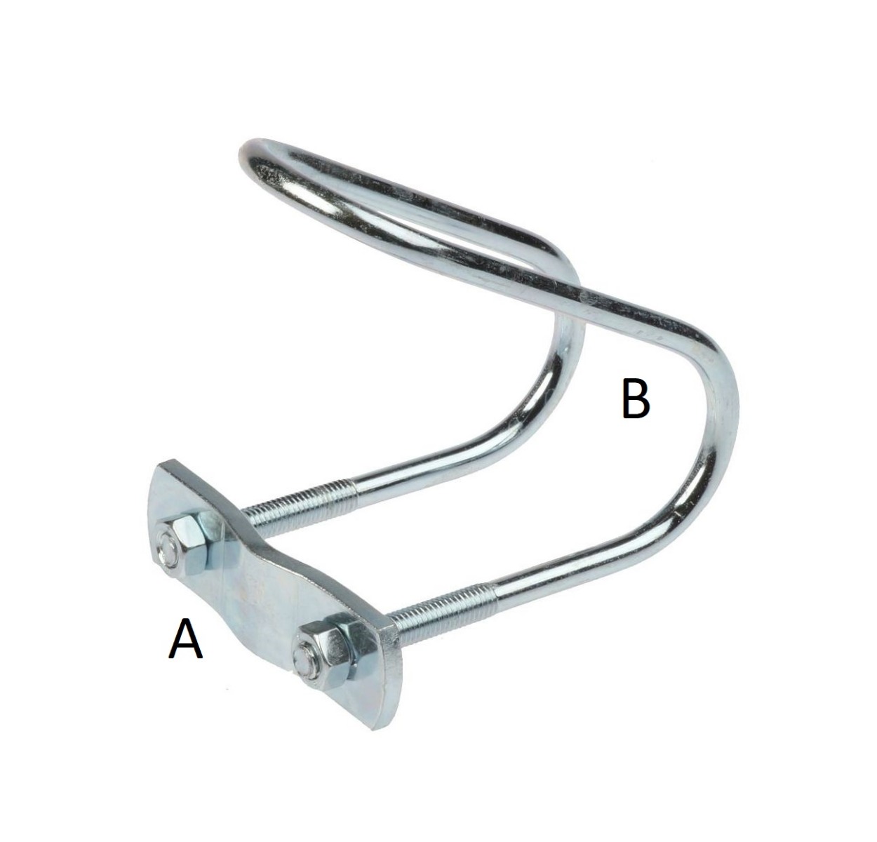 An angled electro-galvanized metal thread clamp with a U-bolt, backing plate, and two hex nuts, labeled with A and B.