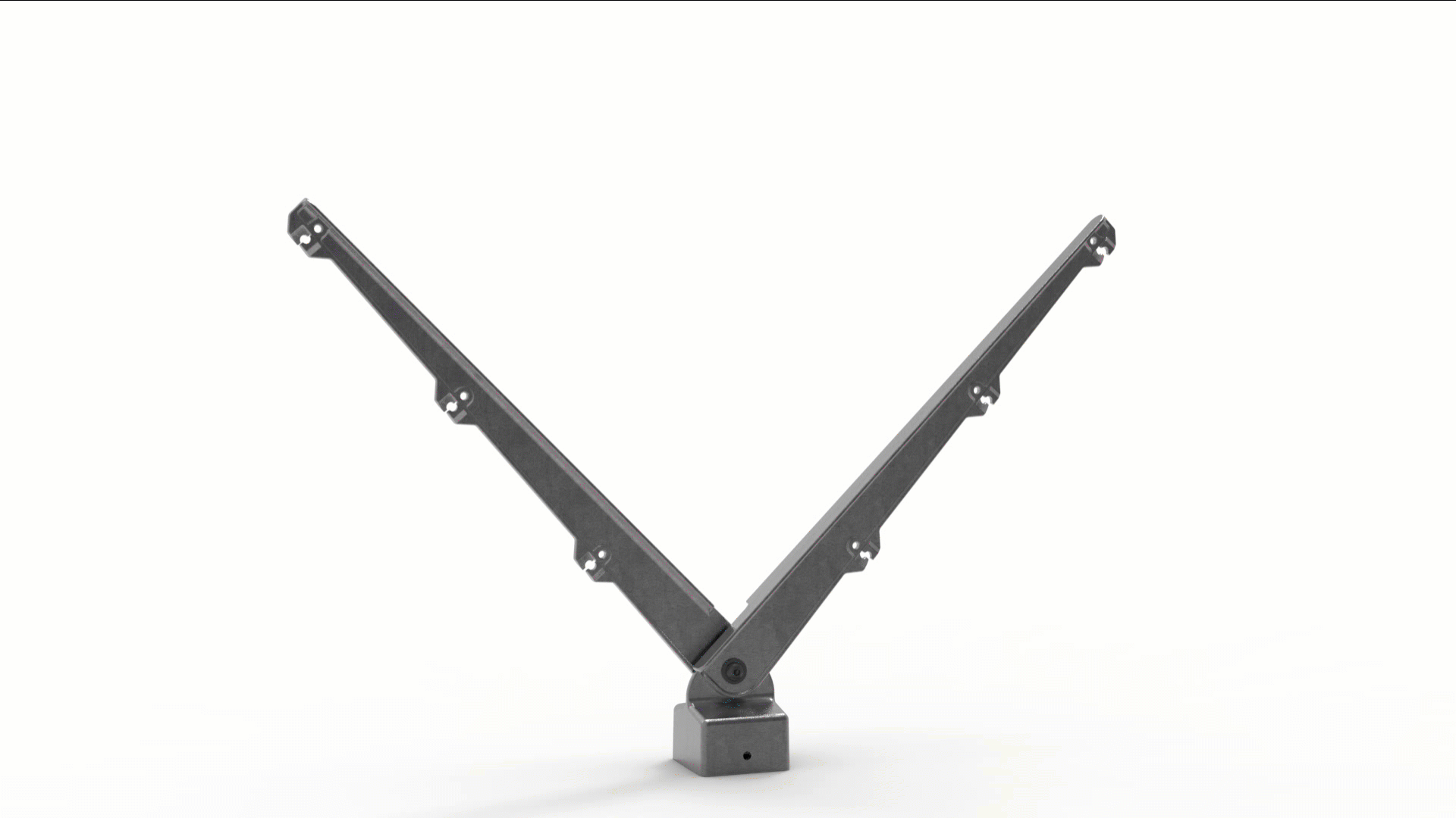 3D animation of the patented modular barbed wire bracket system for perimeter fences, showing straight arms, 45° and 60° angled arms, plus double Y-arms connected to interchangeable post caps for 60x60, 60x40 and ø60 posts. Lightweight aluminium parts wit
