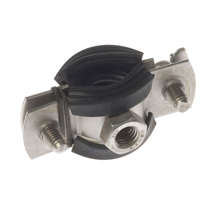 Stainless steel Bifix 1301 pipe clamp with black rubber lining and an M8 threaded nut for secure industrial pipe mounting.