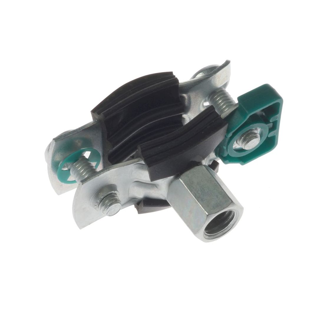 Heavy-duty metal pipe clamp with black EPDM rubber lining and a dual-threaded M8/M10 connection for secure mounting.