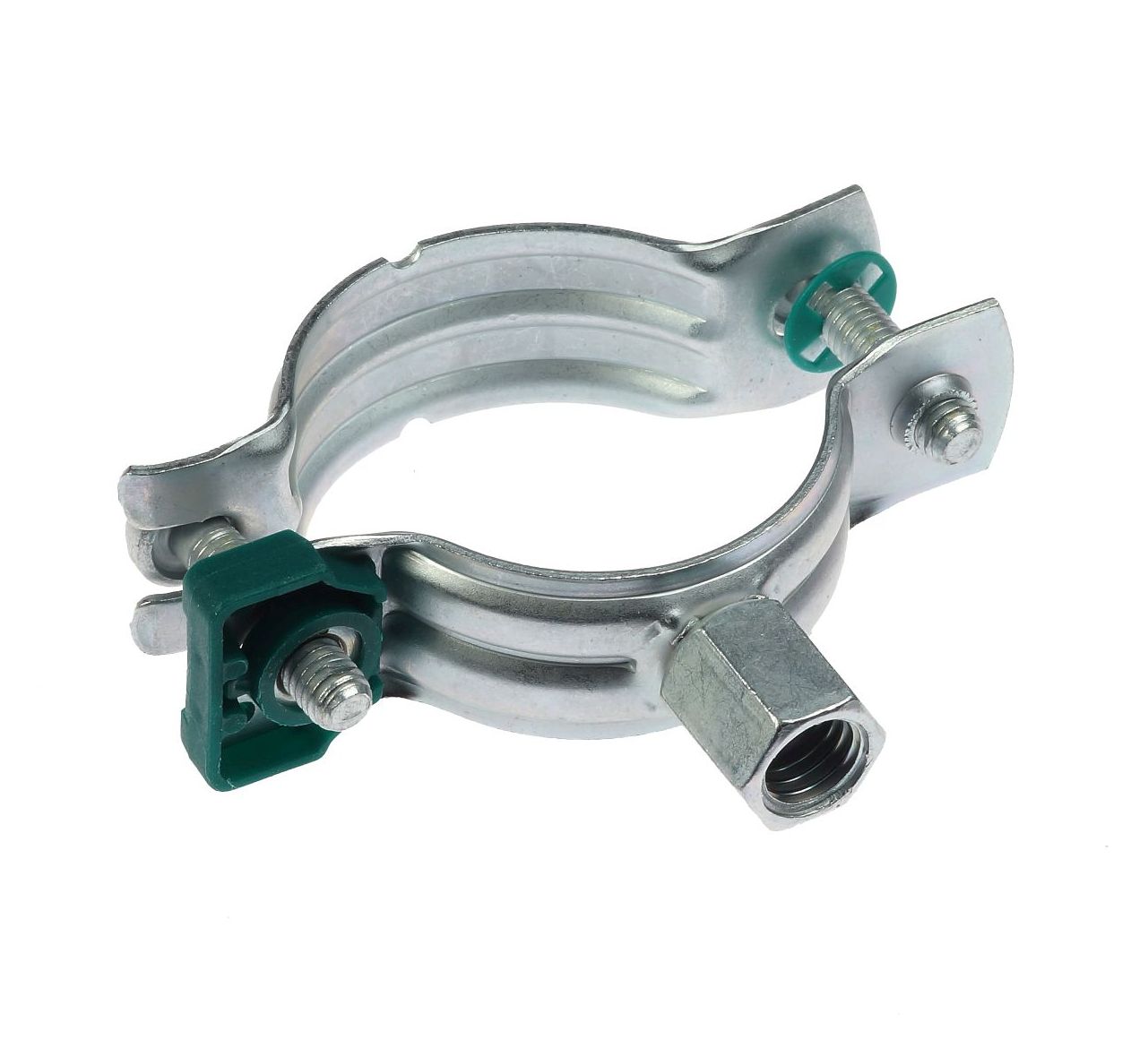 A circular galvanized steel Bifix G2 pipe clamp featuring green plastic locking mechanisms and a dual-threaded M8/10 mounting nut.