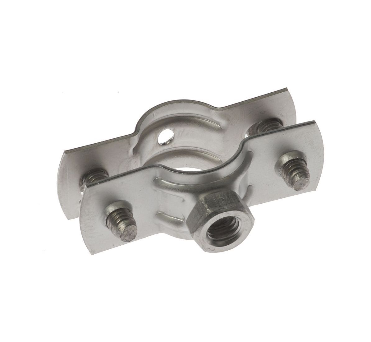 A stainless steel Bifix R 300 pipe clamp featuring a threaded M8 connection nut and two side mounting screws.