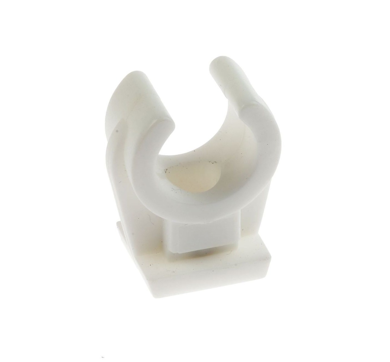 A white polypropylene pipe clip with a C-shaped holder and a square base for securing pipes or conduits to surfaces.
