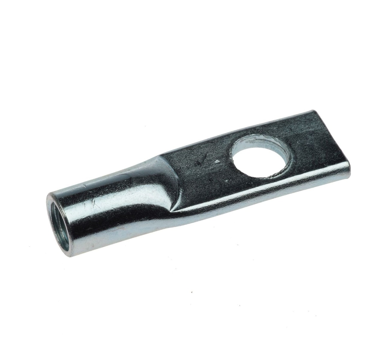 Zinc-plated BIS suspension eye with a threaded cylindrical socket and a flat plate containing a circular mounting hole.