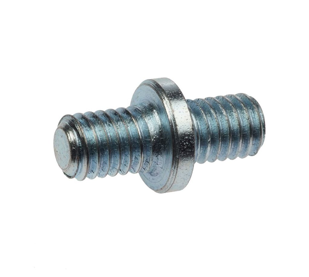 Close-up of a silver zinc-plated BIS threaded nipple with dual threaded ends and a central collar on white background.