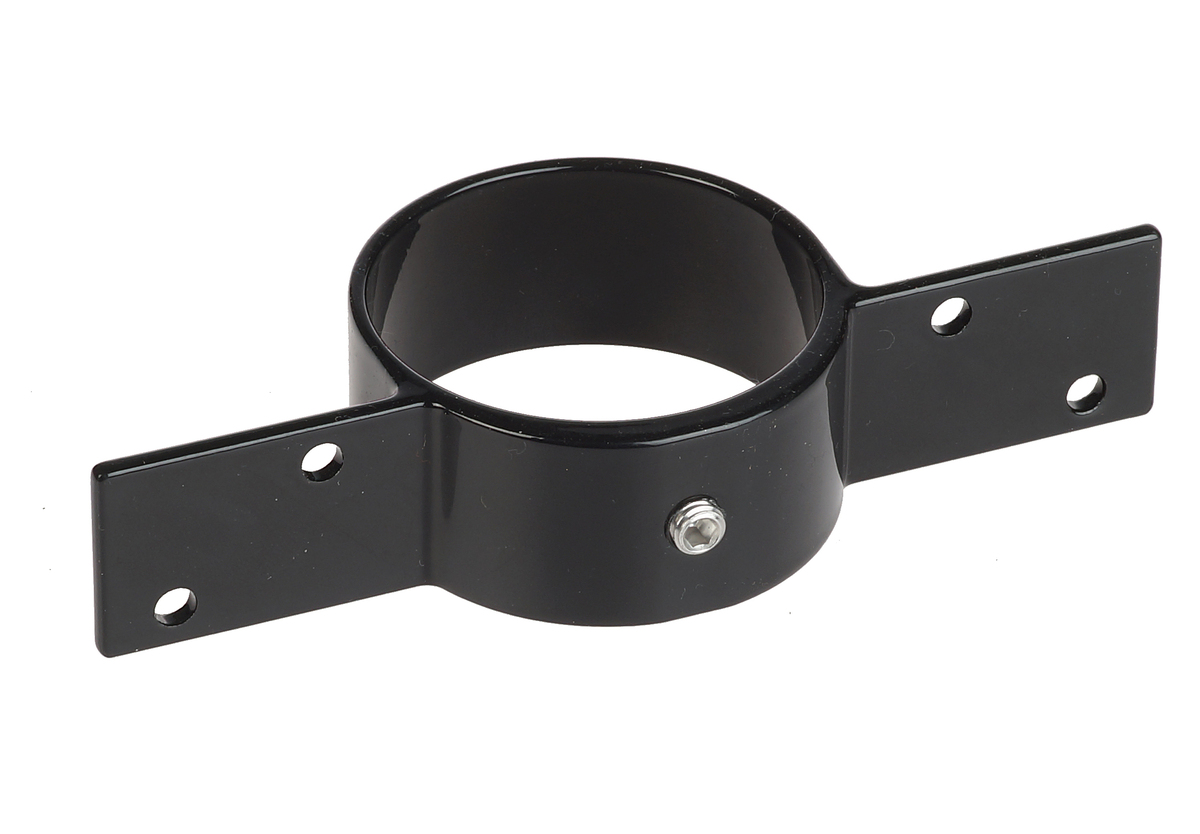 A black powder-coated aluminum intermediate bracket for mounting wooden fence panels to round poles with pre-drilled holes.