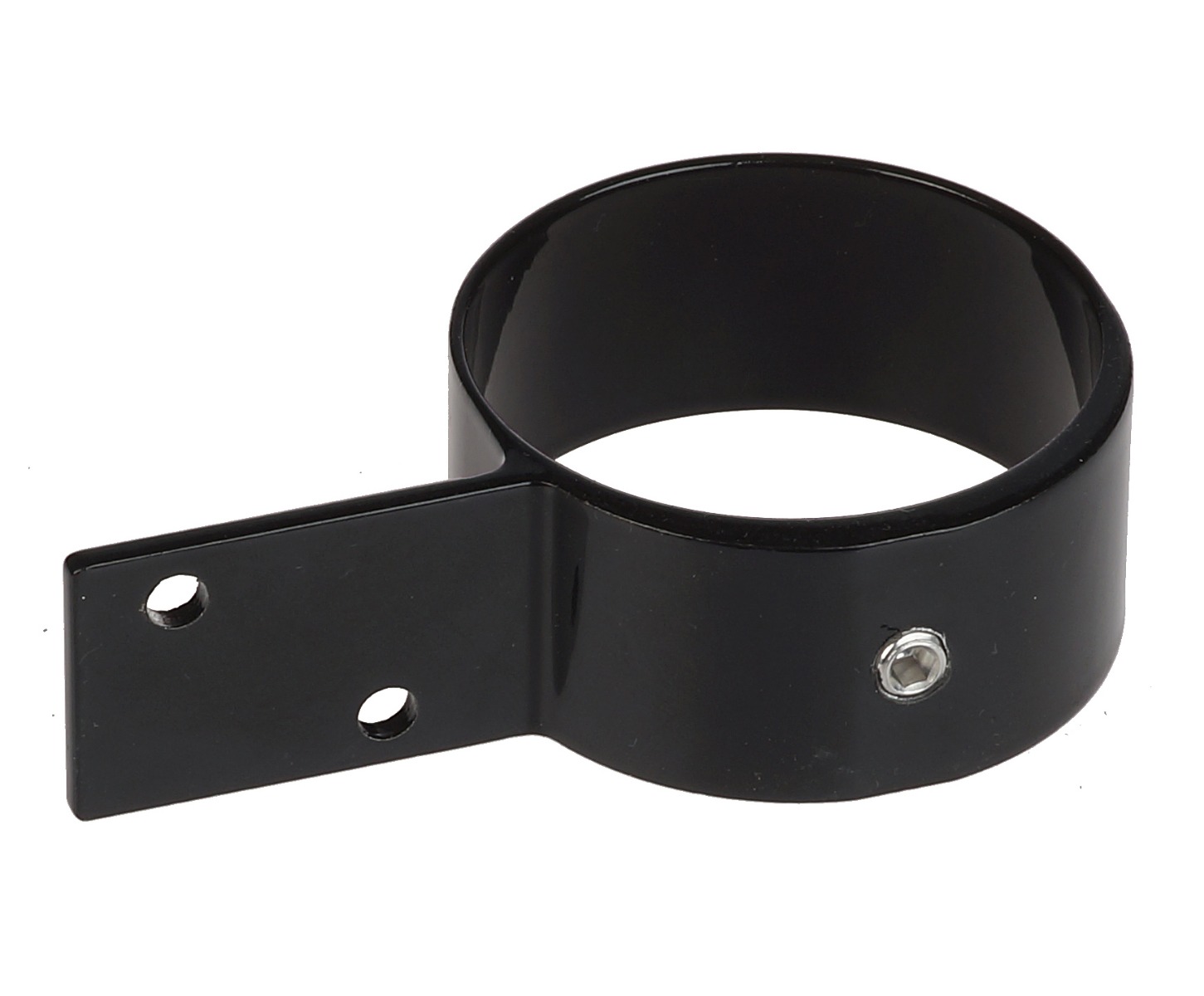 Close-up of a black aluminum end bracket designed for wood fences, featuring a circular ring and a flat mounting flange.