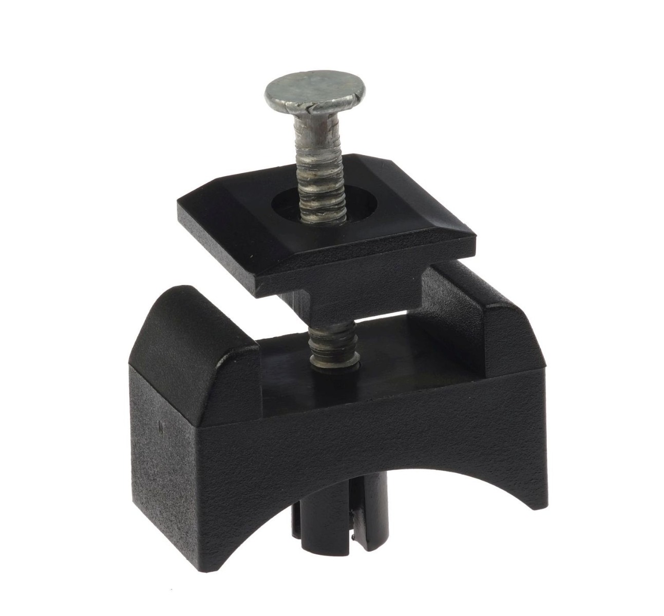 Close-up of a black mesh panel clamp with a central aluminium pin, specifically designed for 60mm round fence posts.