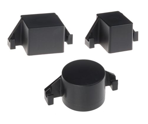 Set of three black nylon post caps in round and rectangular shapes with DSM hooks for external post fitting.