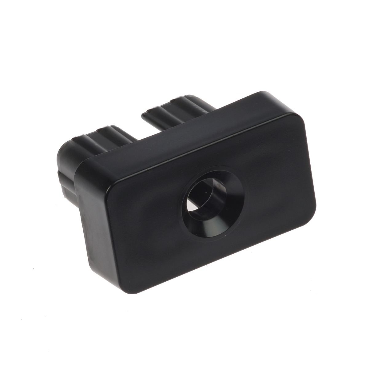 A black rectangular nylon end cap with a central hole and ribbed sides for secure insertion into metal tubing.