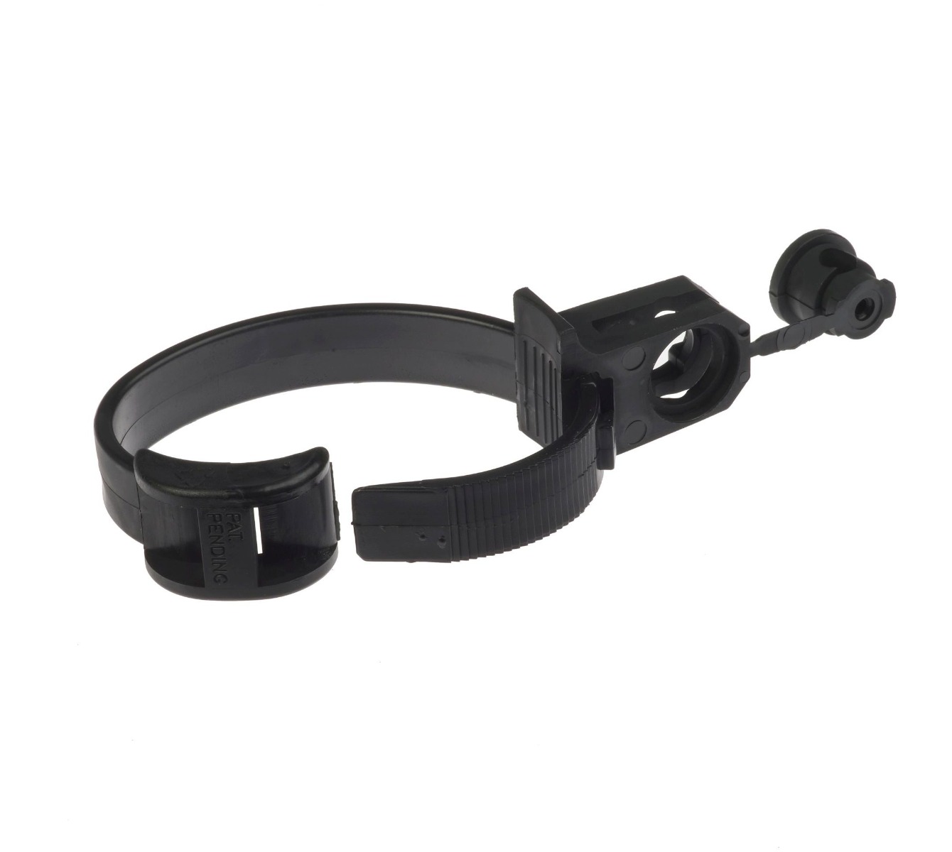 A black plastic clamping band clip with a 60mm diameter, designed for securing pipes and tubes to flat surfaces.