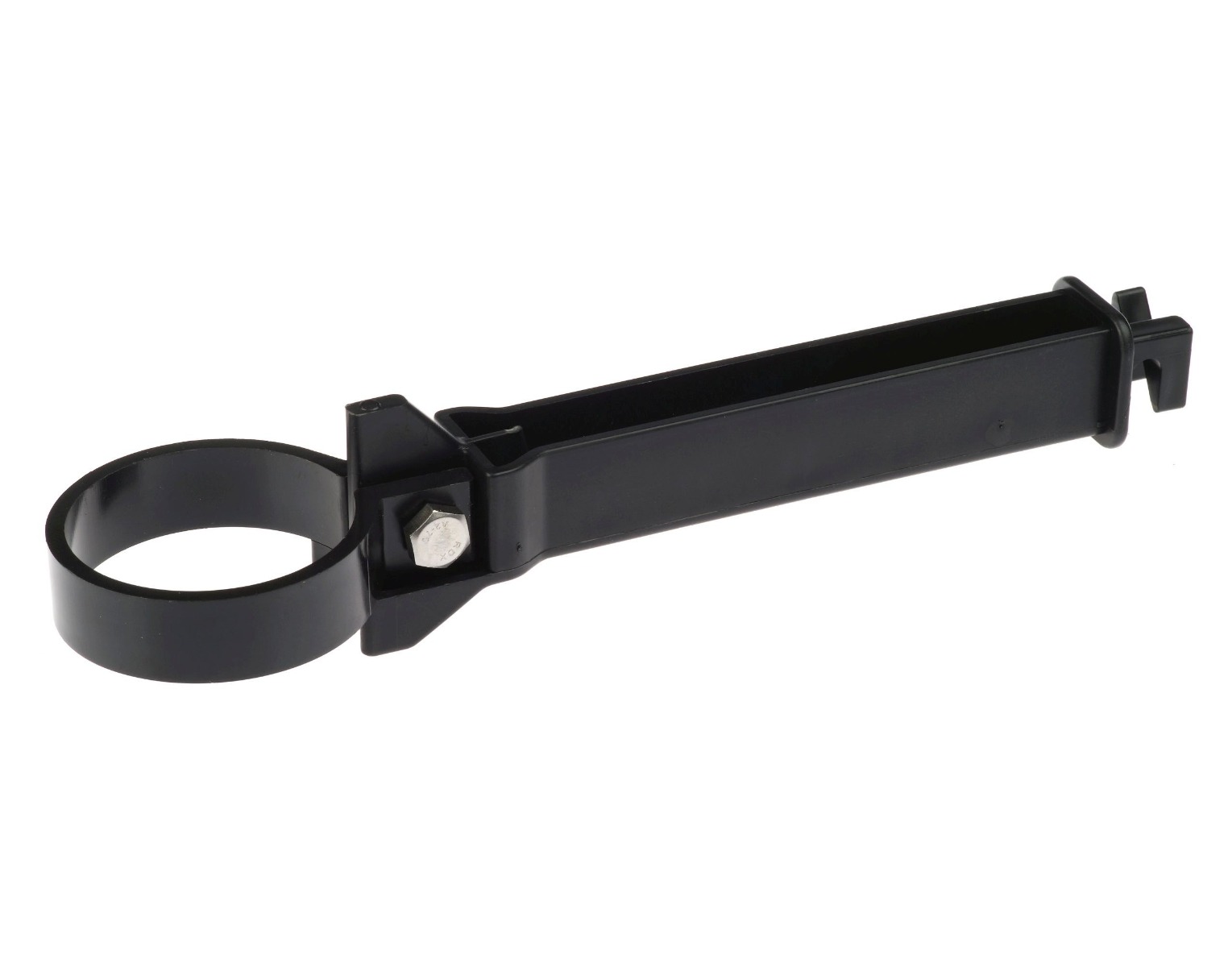 A durable black plastic distance insulator with a 60mm circular ring for securing electric fence wires to posts.