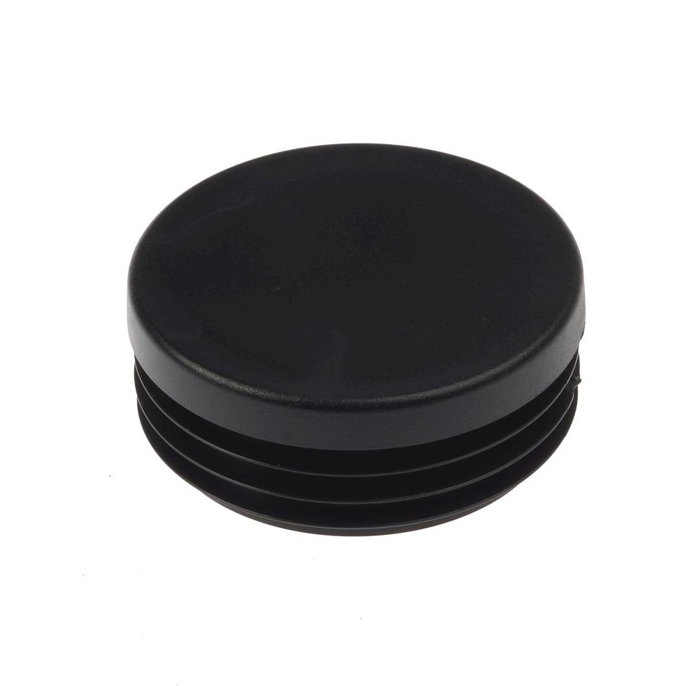 Circular black plastic internal end cap with ribbed sides designed for a secure push-fit into round metal tubes.