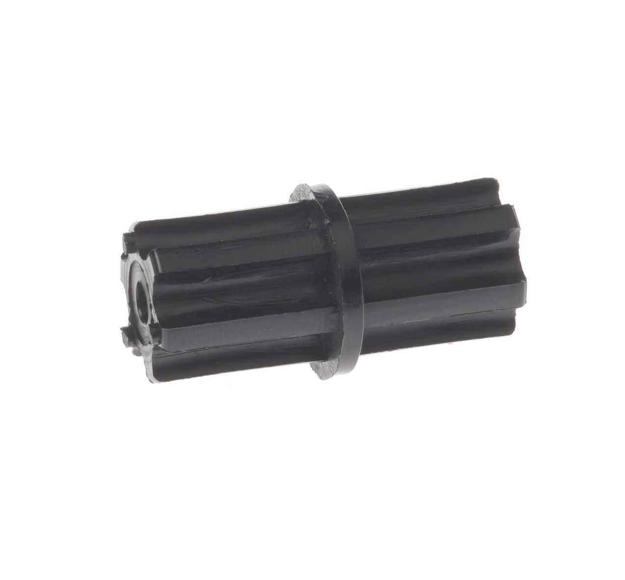 Black cylindrical plastic internal tube connector with longitudinal ridges and a central ring flange, used for joining 42mm pipes.