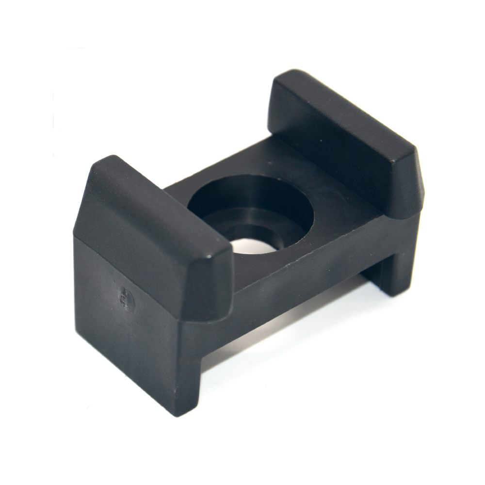A black plastic U-shaped mesh panel clamp with a central hole for mounting onto a 60x40 box section tube.