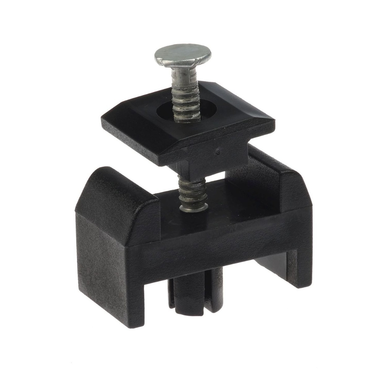 A black plastic mesh panel clamp designed for box sections featuring a central aluminum pin for secure and durable fastening.