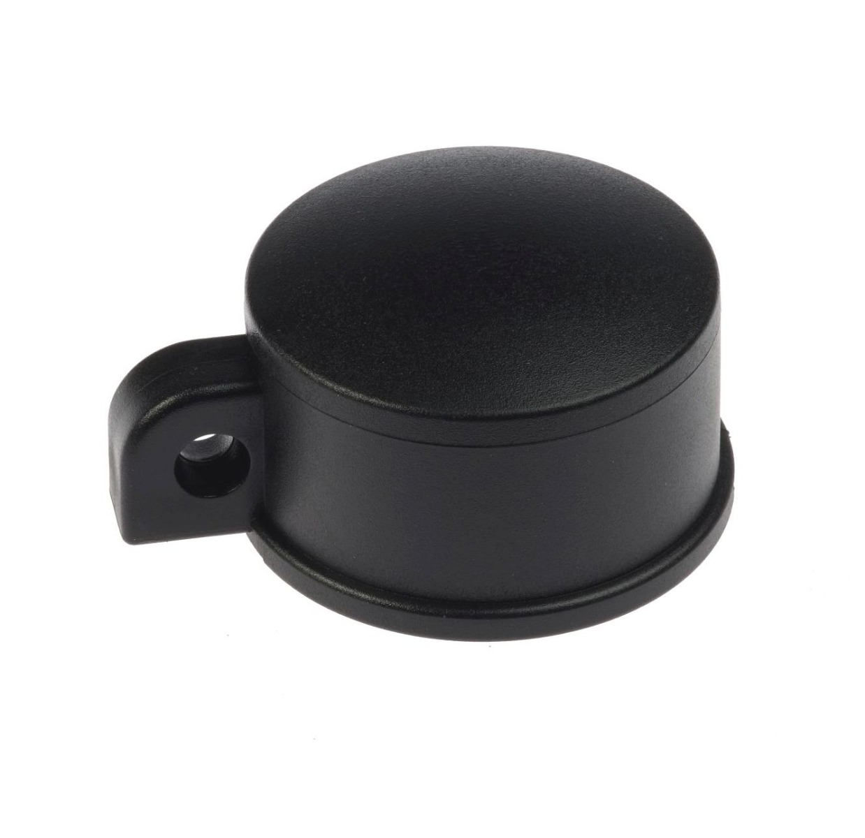 Durable black plastic round post cap with a built-in eyelet for attaching tension wires on external fence posts.