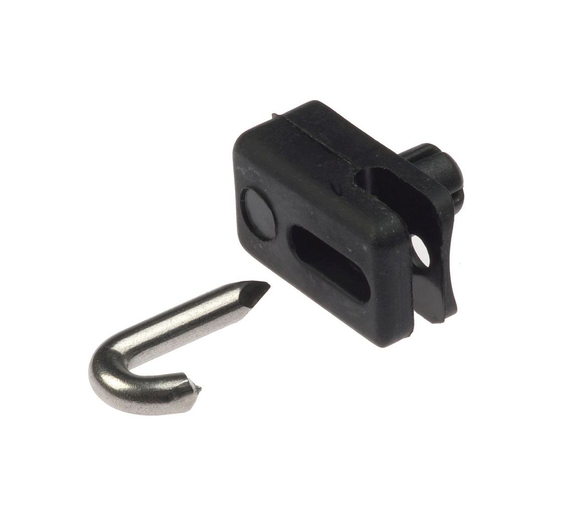 A black plastic tension wire holder shown next to a small stainless steel U-shaped pin on a white background.