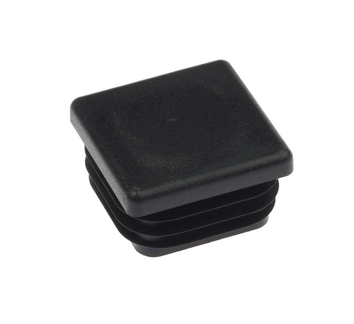 A black square plastic cap featuring a ribbed base for secure internal insertion into hollow square metal posts or tubes.