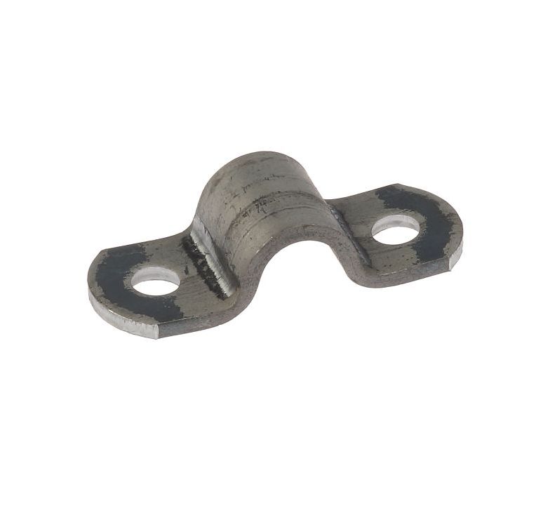 A black metal saddle bracket strip with a U-shaped bend and two pre-drilled holes for secure mounting on flat surfaces.