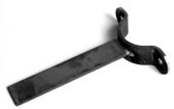 Black untreated steel half-shell tube clamp with a flat mounting strap and a curved semi-circular bracket for securing pipes.