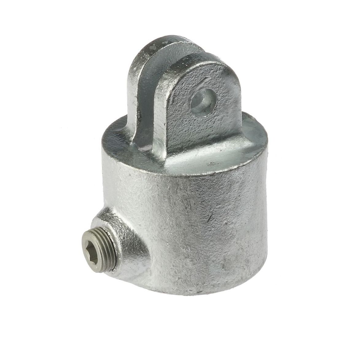 A hot-dip galvanised cast iron female swivel section fitting with a hex set screw for secure attachment to structural pipes.